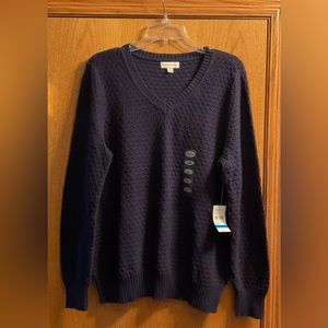 Women’s Studio Works Deep Indigo Waffle Design Long Sleeve V-Neck Sweater.